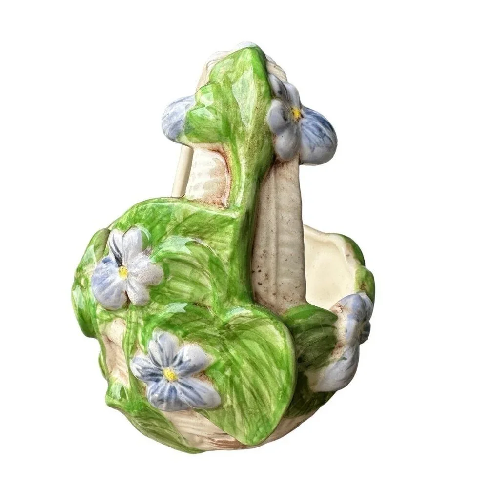 Vintage Artisan‎ Easter Spring Basket 5.5 Inch Ceramic Blue Flowers Green Leaves